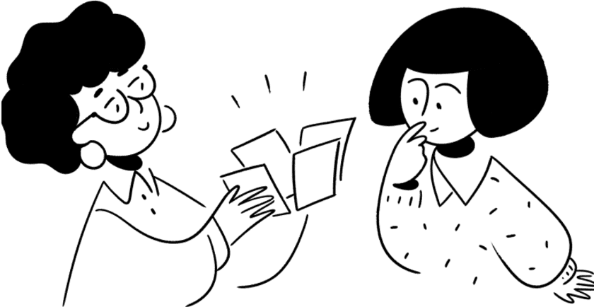 Ilustração de consultor trabalhando com um membro de equipe sem fins lucrativos.