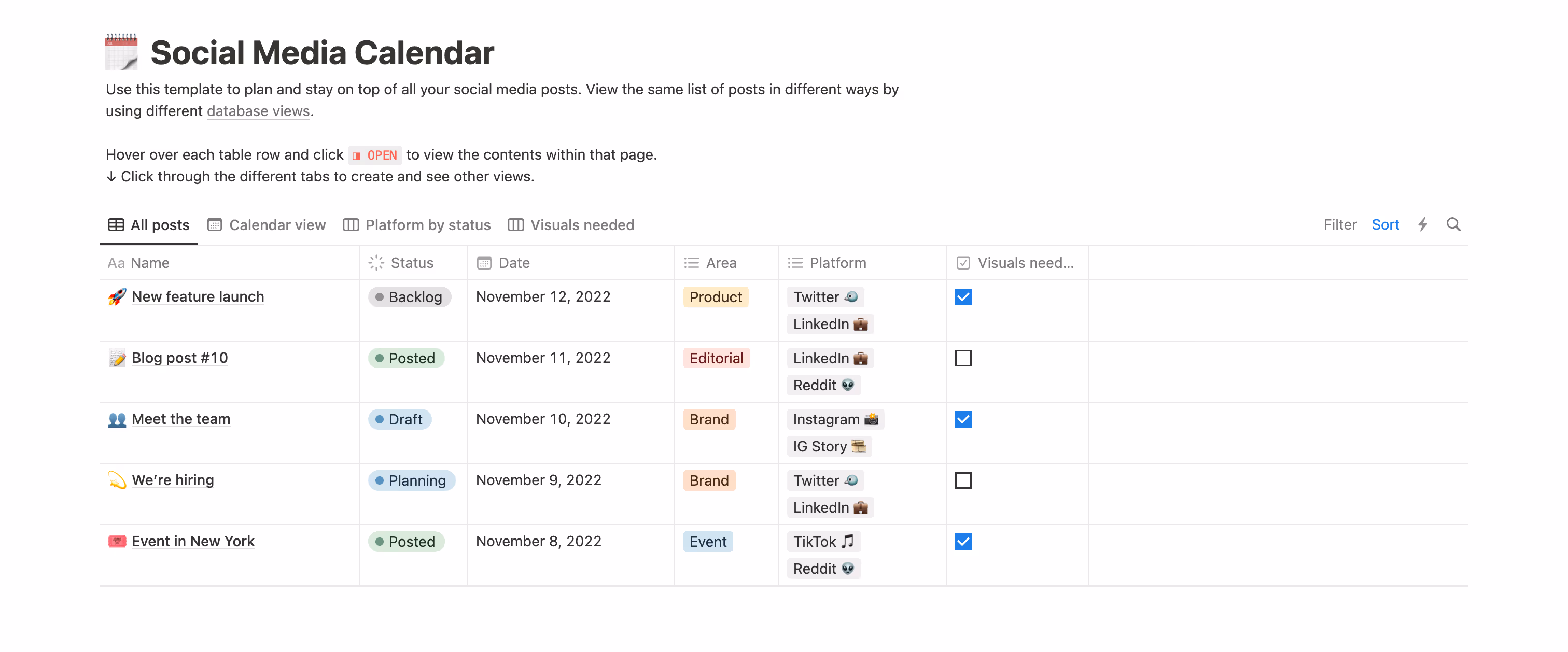 Social media calendar