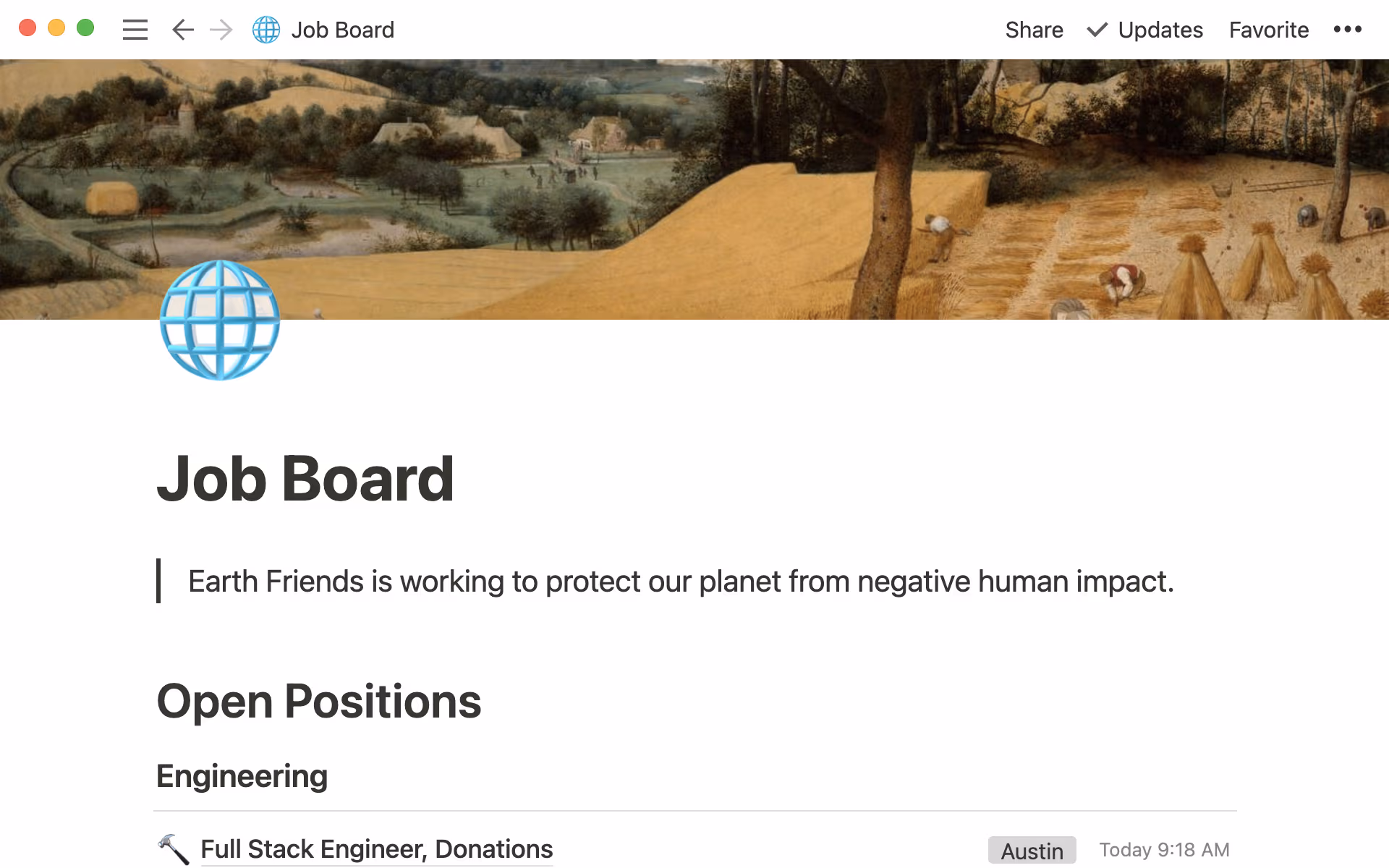 Documento de quadro de vagas de emprego que mostra as diferentes vagas de emprego de uma organização sem fins lucrativos e seus respectivos locais.